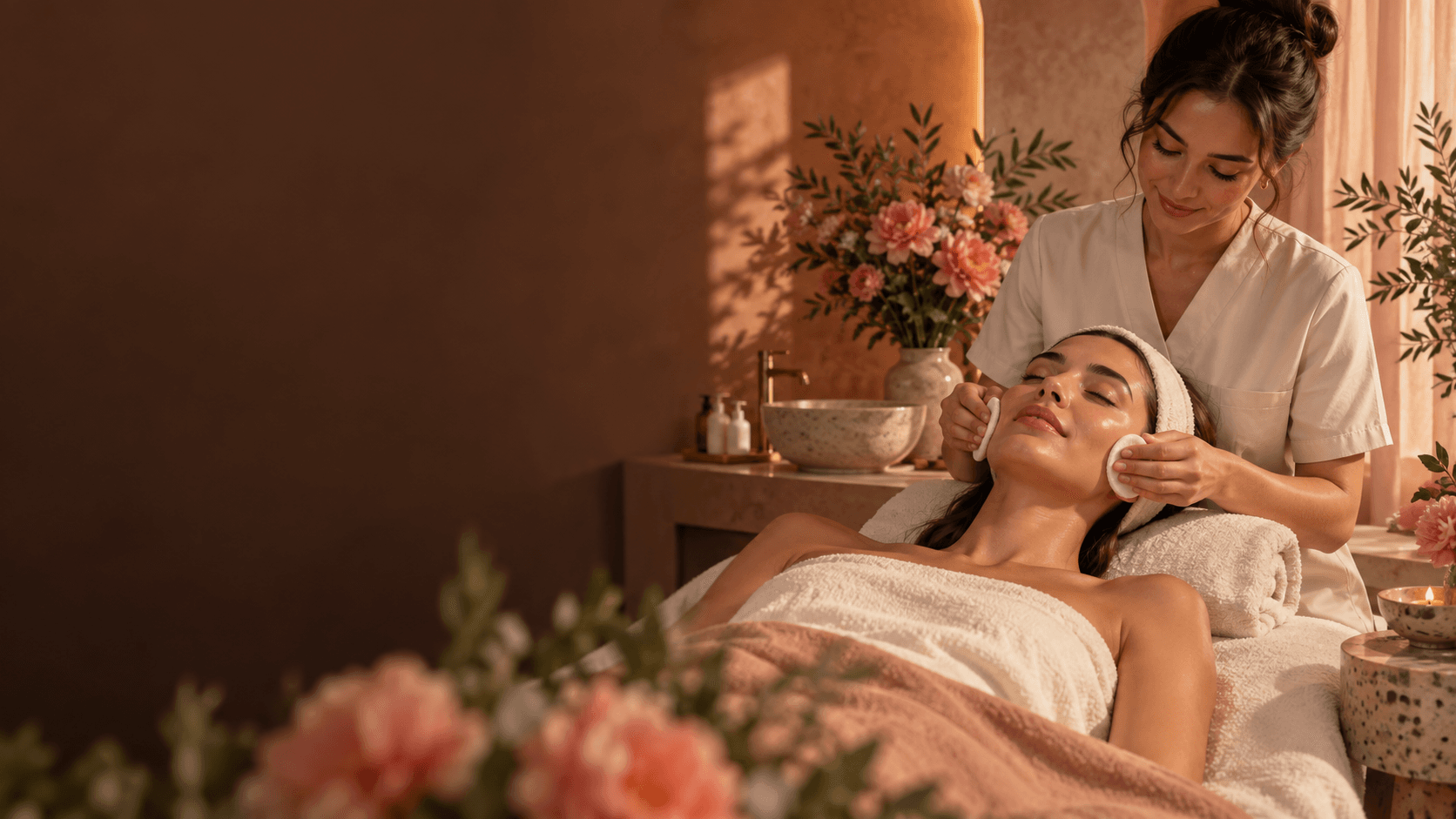 Aesthetician providing a relaxing facial treatment in a warm spa setting